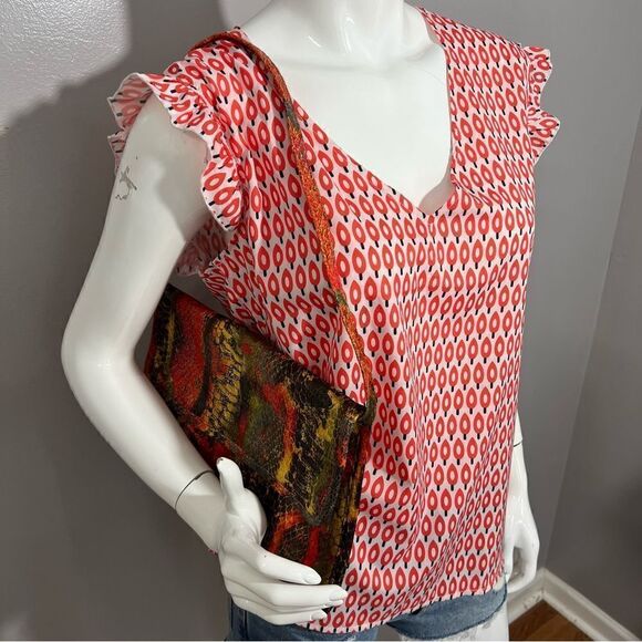 NWT Recycled Orange Graphic Print V-Neck Ruffle Sleeve Top -- L - Picture 7 of 12